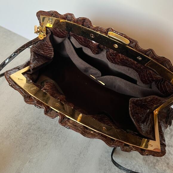 Judith Leiber Python Snake Skin Frame Bag Gold Tone Cutout Hardware Vintage - Picture 9 of 16